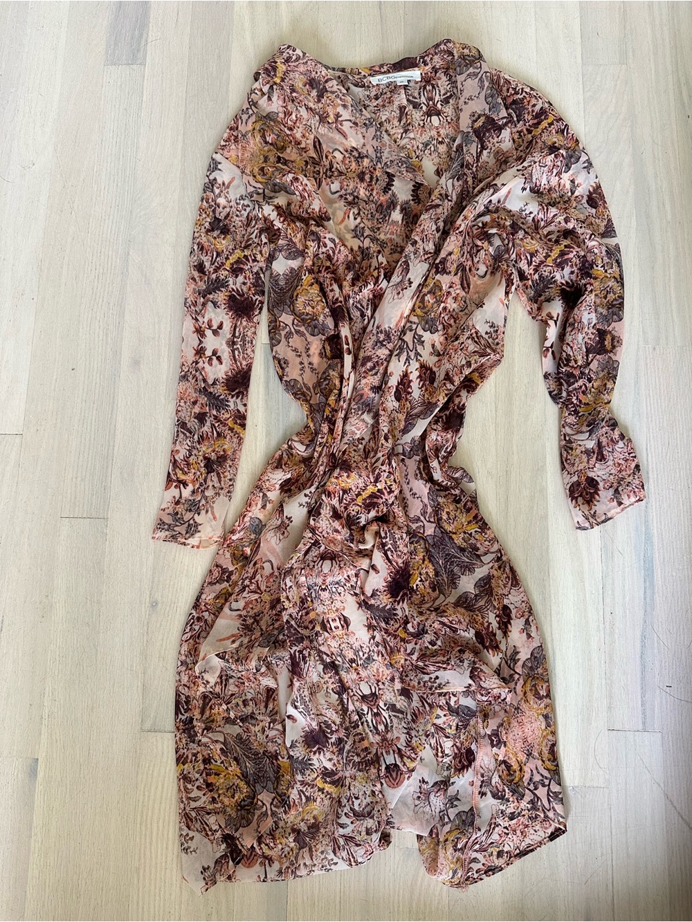 BCBGeneration Blush Pink and Brown Floral Long-Sleeve Wrap Dress